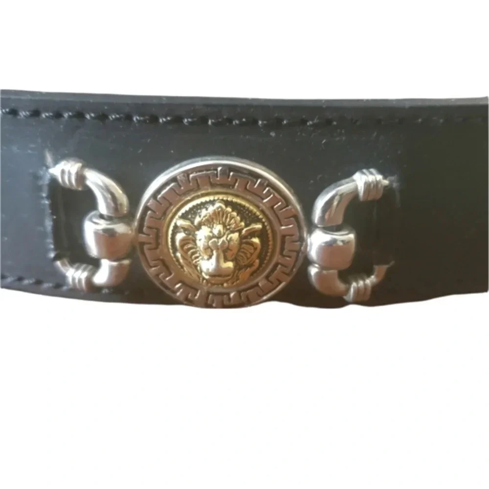 Vintage Black Leather Belt with Gold Medallion Accents